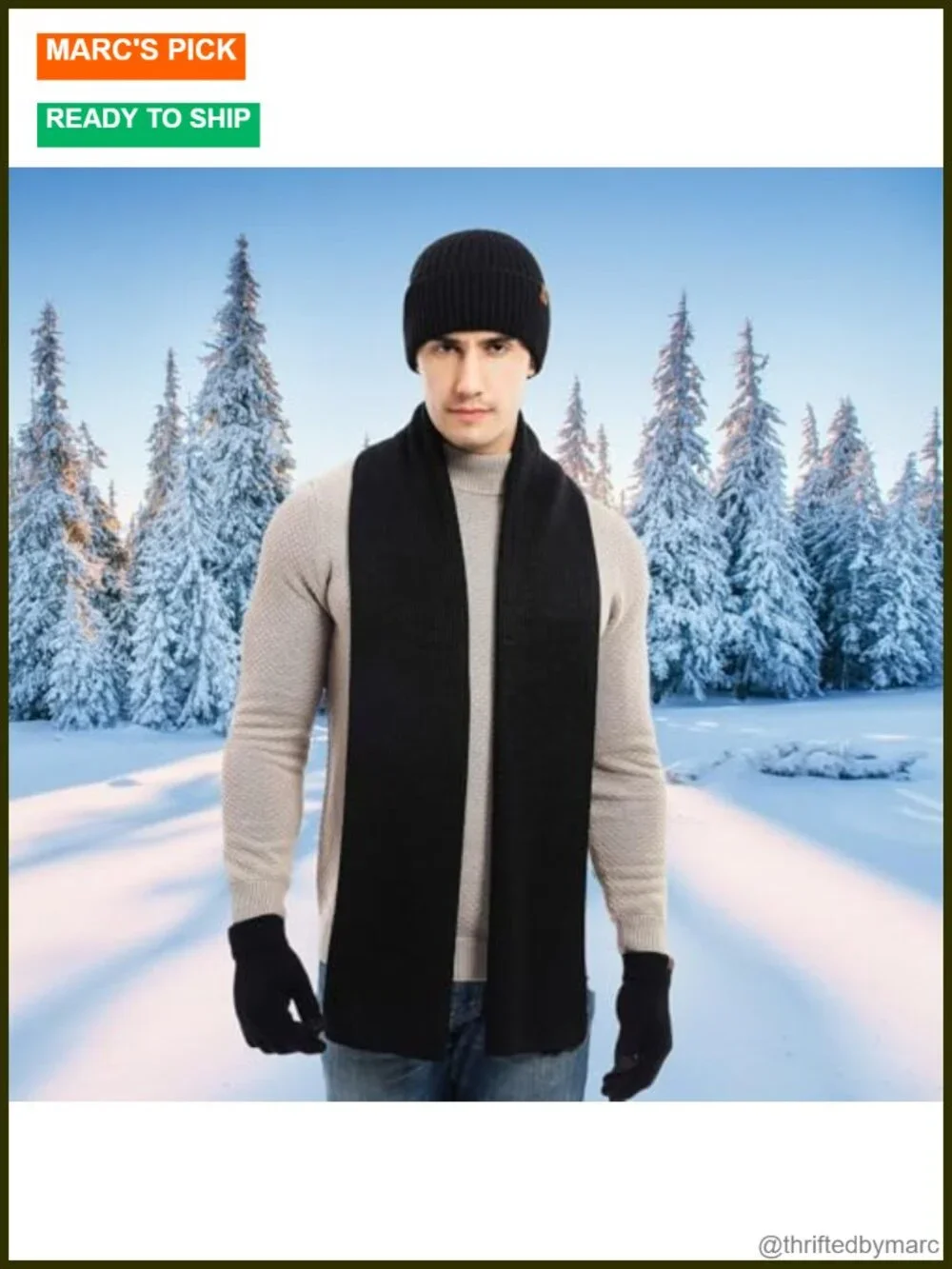 Men's Winter Hat Scarf Gloves Set, 3 PCS Warm Beanie Long Scarf Fleece Lined